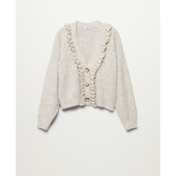 709 NWT Mango Ruffle Knit Cardigan Size XS Color Oatmeal - Picture 2 of 6